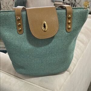 Handbag Eric javitz Green and Tan straw textured  Tote with Gold Accents. Aqua